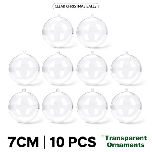 2.75 Inch (70mm) Clear Fillable Ornament Balls Pack of 10 - DIY Transparent Plastic Christmas & Wedding Decor