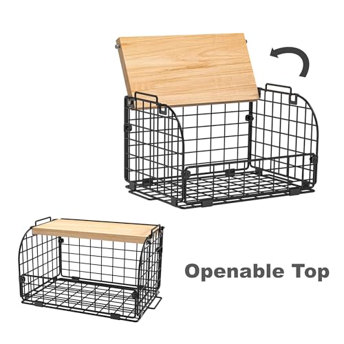 Stackable Wire Basket with Openable Bamboo Top for Kitchen Pantry Storage