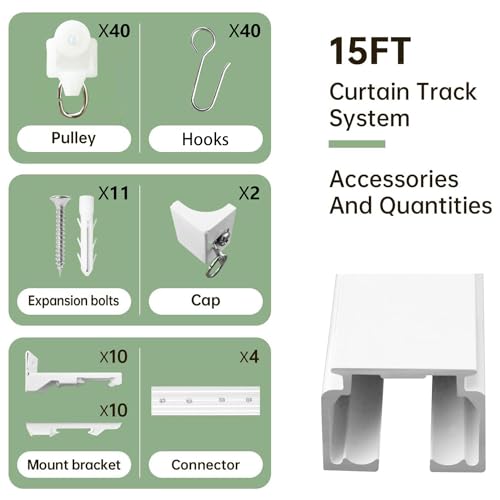 15FT Ceiling Curtain Track Set Wall & Ceiling Mount Sliding Door Rails with Hooks - White
