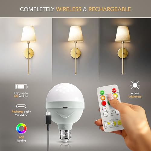 PRIDOLA Gold Wireless Wall Sconce Set of 2 - Rechargeable LED, Remote Control, Adjustable Brightness & Warmth, Easy Mounting
