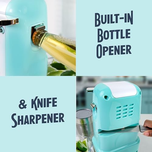Nostalgia Retro Electric Can Opener Aqua with Magnetic Lid Remover & Bottle Opener