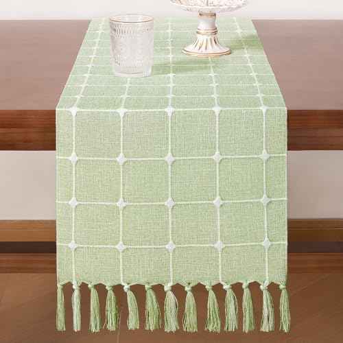 MLMC Sage Green Embroidered Lattice Fall Table Runner 48 Inches Plaid Rustic Checkered Table Runner with Tassels Farmhouse Table Decor 13"x 48" for Thanksgiving Christmas Dinning Table Bedroom Decor