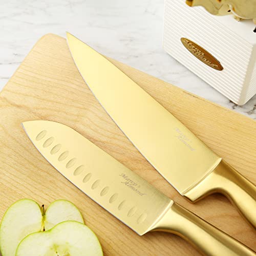 Marco Almond Gold Knife Set with White Knife Block, 14-Piece Titanium-Coated Kitchen Knives