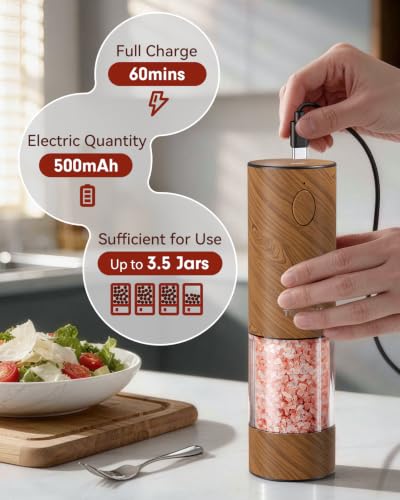 TOMEEM Rechargeable Electric Salt & Pepper Grinder Set - Large Capacity, Wood Color