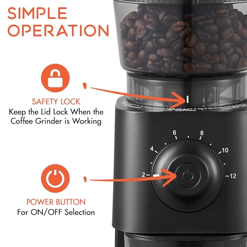 Ollygrin Black/Silver Electric Conical Burr Coffee Grinder - 30 Settings, Anti-Static Compact Home Use
