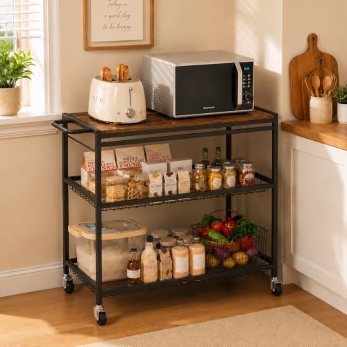 Microwave Kitchen Cart - 29.92"W x 17.8"D x 33.46"H 3-Tier Mobile Utility Cart with Lockable Wheels