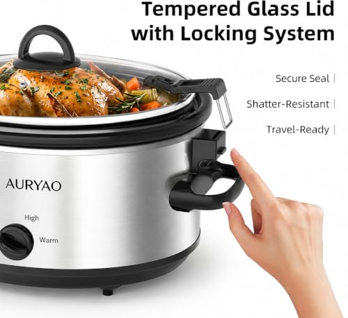 AURYAO Silver 6 Quart Slow Cooker with Locking Lid & Removable Stoneware