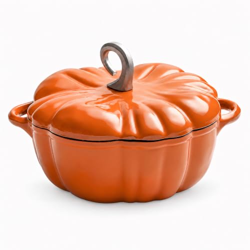 Pumpkin Cast Iron Dutch Oven Pot with Lid - Orange Halloween & Thanksgiving Decor