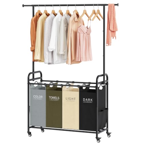 Laundry Sorter Cart with Hanging Clothes Rack - 4 Colors and 4 Bags