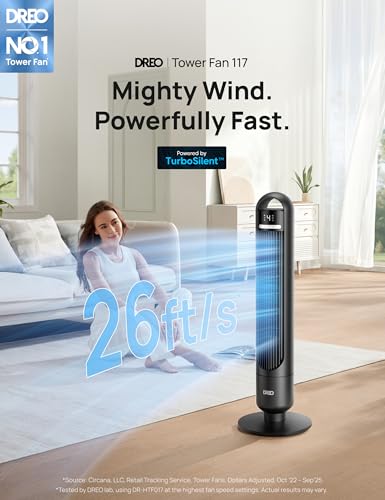 DREO Black Tower Fan for Bedroom & Room Cooling, 4 Speeds, 90° Oscillation, Remote & App Control