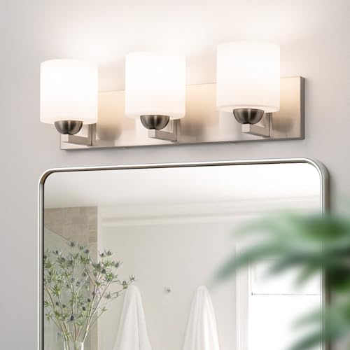 Mirrea 3-Light Brushed Nickel Bathroom Vanity Light with White Glass Shades - Variation of Brushed Nickel / 3-Light