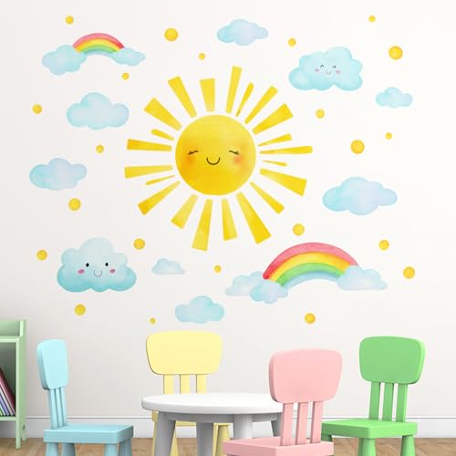 Yovkky Watercolor Smile Sun Wall Decals Stickers, Lovely Cloud Rainbow Polka Dots Toddlers Baby Nursery Decor, Cute Home Decorations Kids Bedroom Playroom Living Room Art