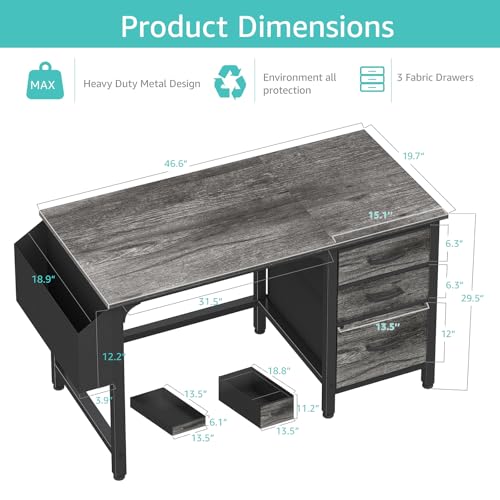 Gray Computer Desk with File Drawers - 46.6-Inch Home Office & Gaming Table