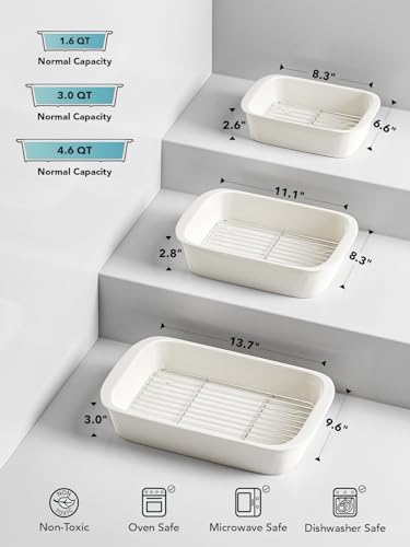 Ceramic Casserole Dish Set with Stainless Steel Racks - 3 Sizes, Oven Safe, White, Variation of THIS listing