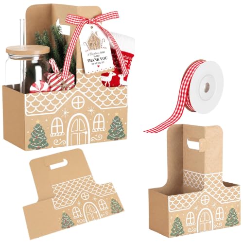 AmazingSpark Gingerbread House Christmas Drink Carriers - 24 Pack with Thank You Tags & Red Ribbon
