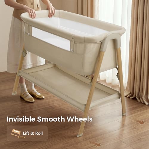 Baby Bassinet Bedside Sleeper Khaki 2-in-1 Crib with Mattress & Mesh Design