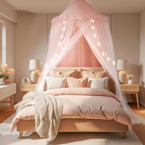 Large Peach Pink Bed Canopy for Girls with Star Lights - 39.4"x106"
