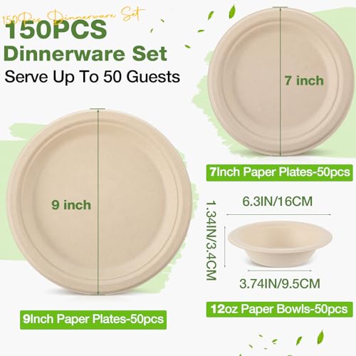 Disposable Compostable Paper Plates and Bowls Set - 7 in, 9 in, 12 oz - 150 Pack