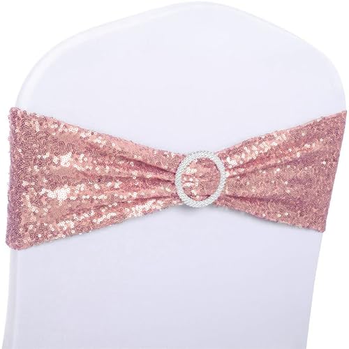 50 Pack Rose Gold Sequin Chair Sashes Bows for Wedding Party Decor