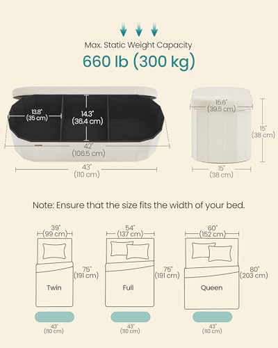 SONGMICS Oval Velvet Storage Ottoman Bench Cappuccino White 15"D x 43"W x 15"H