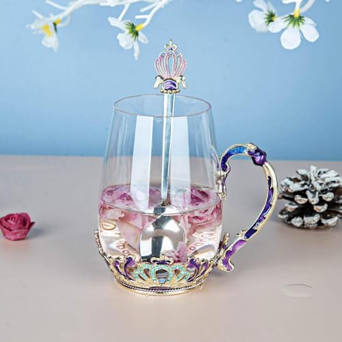 SWTHONY 12OZ Glass Fancy Tea Cup Mug with Spoon European Style Carved Flowers Gift Box