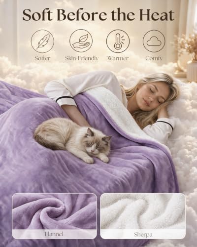 Purple Twin Electric Heated Blanket - Fast Even Heating, 9 Heat Levels