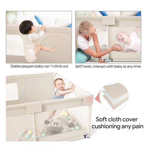 Baby Playpen 47x47 Inch Beige - Safety Mesh Play Yard with Storage & Suction Cups