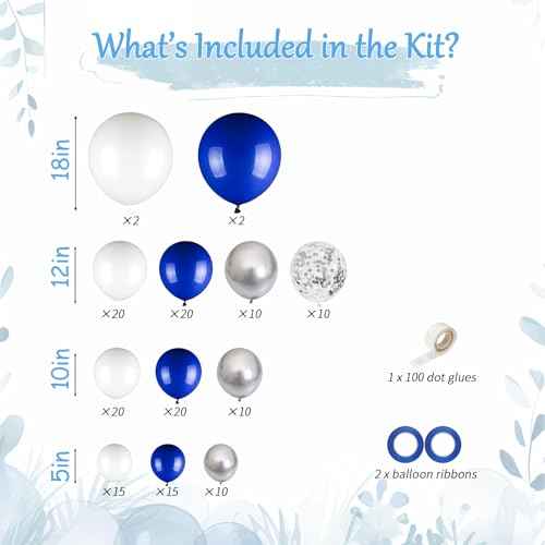 154pcs Blue White Silver Balloon Arch Kit - 18 12 10 5inch Royal Blue, Metallic Silver Confetti Balloon Garland for New Year Eve, Graduation, Birthday Party Decoration