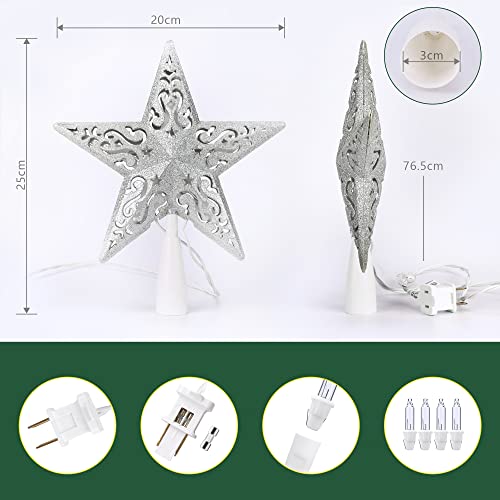BrizLabs 3D Silver Star Topper 8” with 10 Lights - Lighted Christmas Tree Treetop