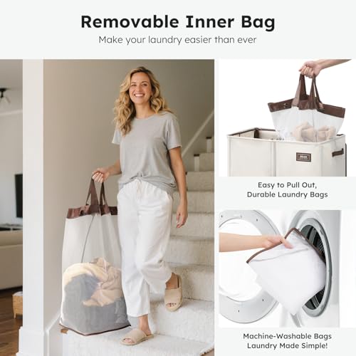 SOLEDI Beige 180L Double Laundry Hamper with Lid & 2 Side Pockets - Large Capacity