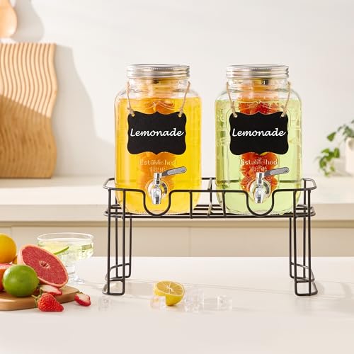 Double Gallon Glass Beverage Dispenser Set with Stand & Fruit Infuser - Stainless Steel Spigot
