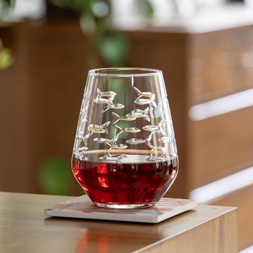 18oz School of Fish Stemless Wine Glasses Set of 4 - Lead-Free, Engraved, US Made