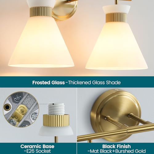 Gold 2-Light Bathroom Vanity Light Fixture - Mid Century Frosted Glass Sconces with Over Mirror Mount