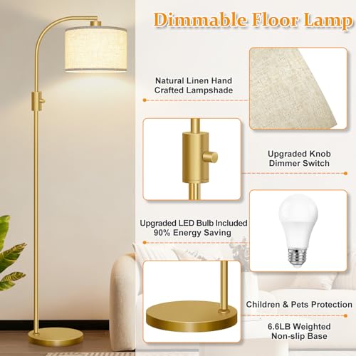Modern Arc Floor Lamp with Dimmable Linen Shade - Gold, 1200 Lumens, LED Bulb Included