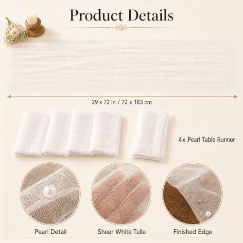 4 Pcs Pearl White Tulle Table Runners 29x72in for Weddings - APUDWN