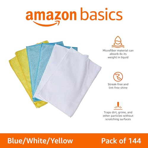 Car Microfiber Cleaning Cloths - 16x12 Inch Reusable Detailing Towels - Blue/White/Yellow, 144-Pack