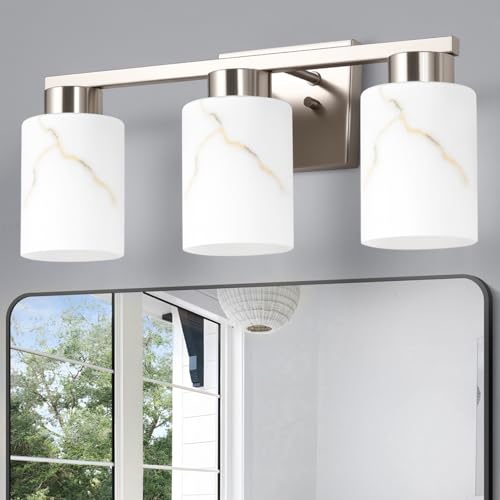 Brushed Nickel 3-Light Bathroom Vanity Light Fixture with White Marble Glass - Modern Wall Lamp