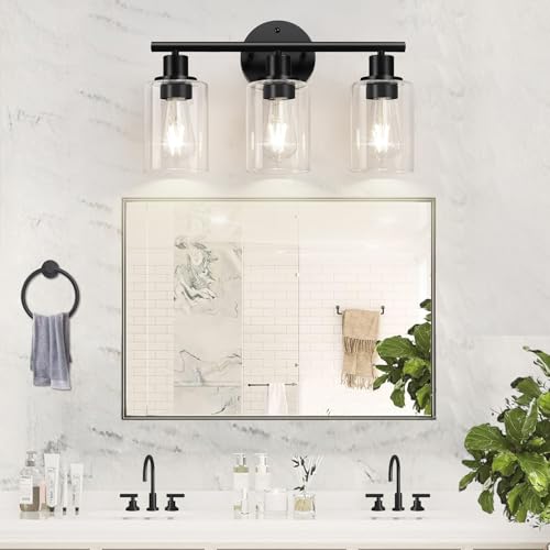 Matte Black 3-Light Bathroom Vanity Light Fixture with Clear Glass Shades – Up & Down Reversible Mounting