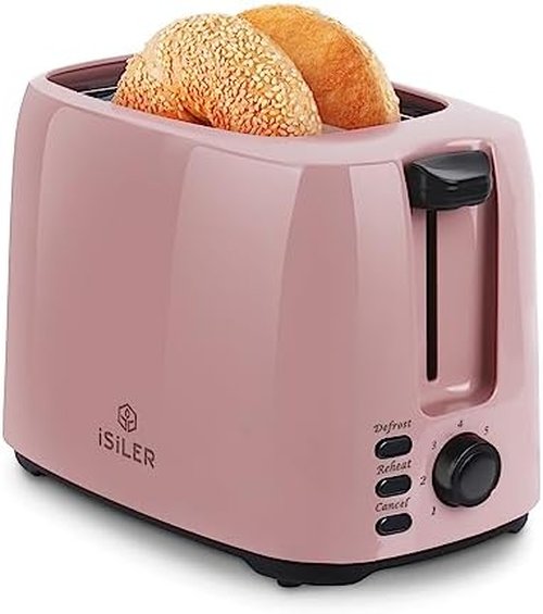 iSiLER 2-Slice Toaster - 1.3-Inch Wide Slot Bagel Toaster with 7 Shade Settings & Removable Crumb Tray | Pink