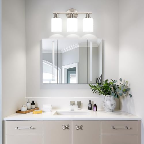 3-Light Vanity Light Fixture - Brushed Nickel & Milky White Glass Shades, Reversible Mounting