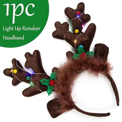 LOVESTOWN Light Up Reindeer Antlers Headband, Christmas Reindeer Headband LED Plush Reindeer Headband for Christmas Party Costume