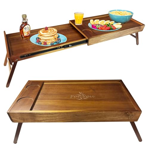 Acacia Wood Breakfast Bed Tray for Two - Couples Food & Drink Serving Table