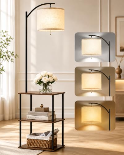 Rustic Brown Floor Lamp with Table and Shelves - 3 CCT 9W LED Bulb