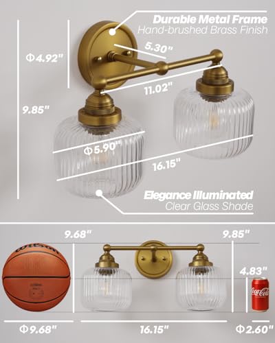 Antique Vintage 2-Light Clear Ribbed Glass Wall Sconce with Brass Finish