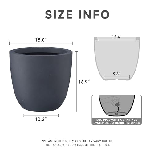 Large Charcoal Concrete Planter Bowl - 18 Inch Outdoor Garden Pot with Drainage, Variation of Charcoal / 18"d