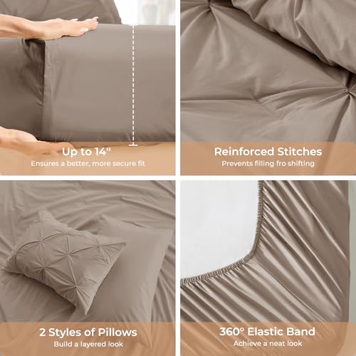 Oversized King Comforter Set with Geometric Pintuck Design - Dark Linen, 7 Pieces