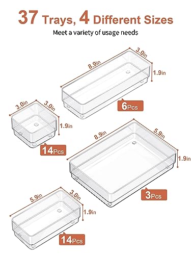 37 PCS Clear Drawer Organizer Set - 4 Sizes, Stackable, Non-Slip Storage Trays