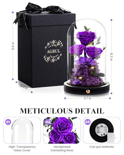 Purple Preserved Rose in Glass Dome - Forever Gift for Women, Mom, Wife, Girlfriend