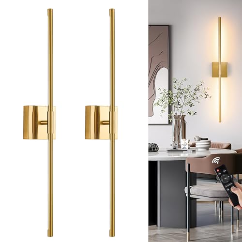 Electroplated Gold Battery Operated Wall Sconce Set of 2 - 24 Inch with Remote - Modern, Dimmable, Adjustable Lighting
