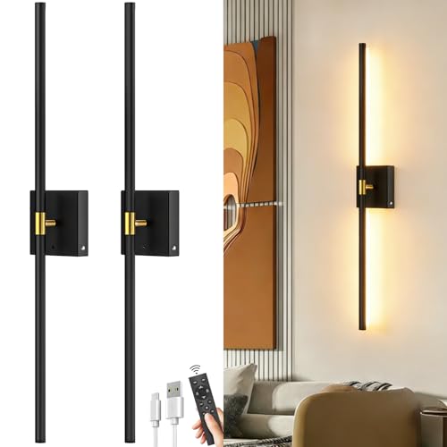 Black Wireless Battery Wall Sconces Set of 2 - Rechargeable 10000mAh, 360° Rotatable LED Wall Lights for Bedroom & Living Room